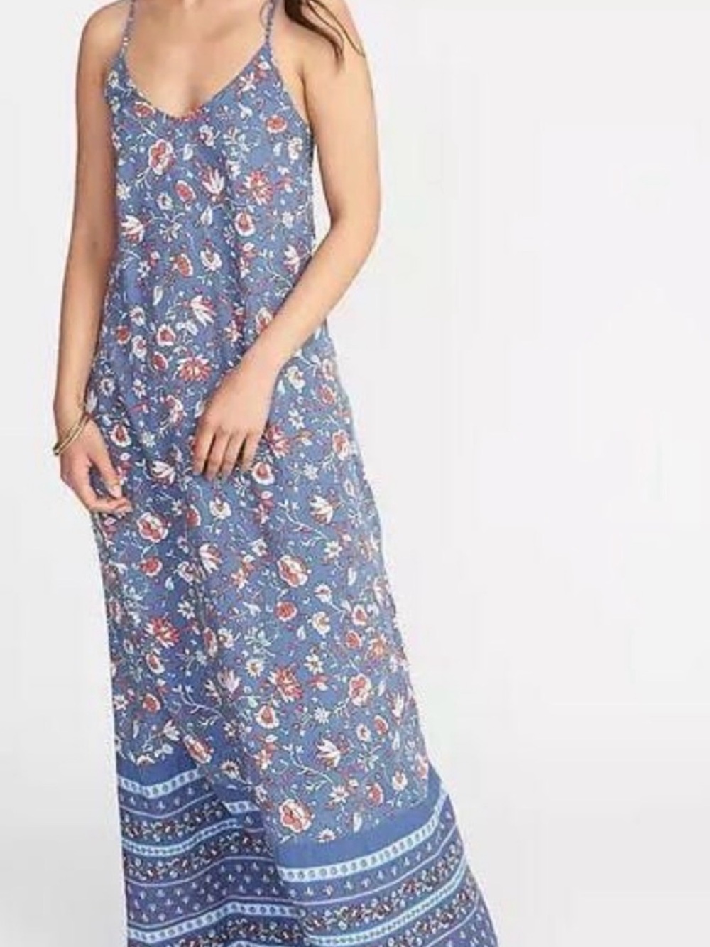 Old Navy Blue Floral Maxi Slip Dress with Border Pattern Large TALL